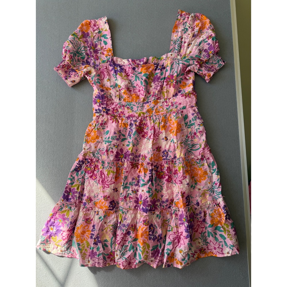 Blu Pepper Pink Floral Tiered Mini Dress Short Puff Sleeve Square Neck Large